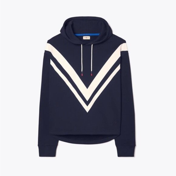 TORY BURCH FRENCH TERRY CHEVRON HOODIE IN TORY NAVY/SNOW WHITE - Picture 1 of 8